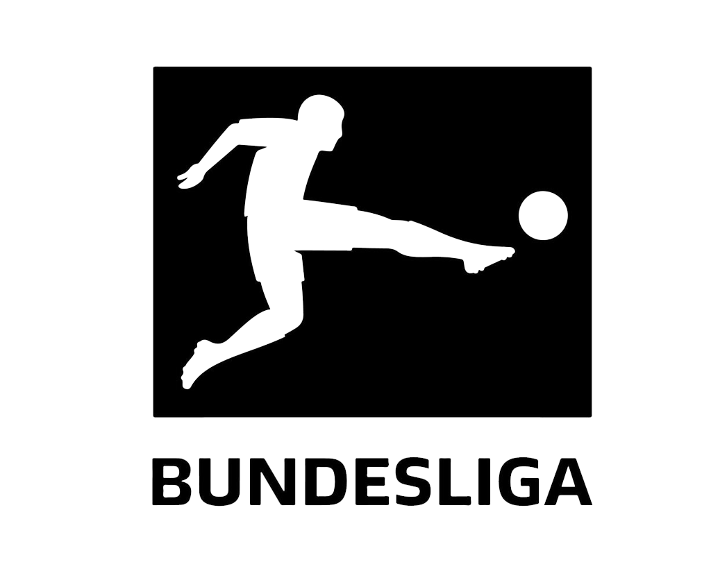 Logotipo oficial de la Bundesliga alemana con la silueta del jugador rematando el balón en blanco y negro.
