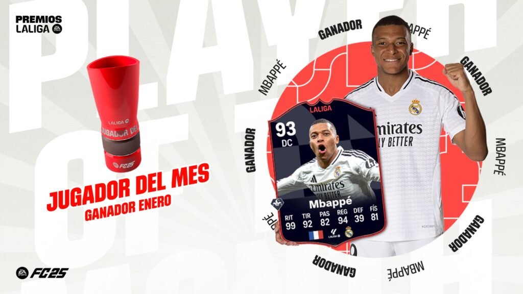 mbappe-jugador-del-mes-laliga-enero-real-madrid Kylian Mbappé ganador del premio Jugador del Mes de LALIGA (POTM) de enero con el Real Madrid y su carta especial de EA Sports FC.
