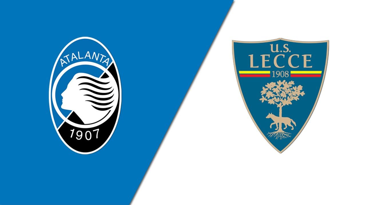 Comparativa de escudos oficiales de la Atalanta BC y US Lecce sobre fondos divididos en azul y blanco para la Serie A.