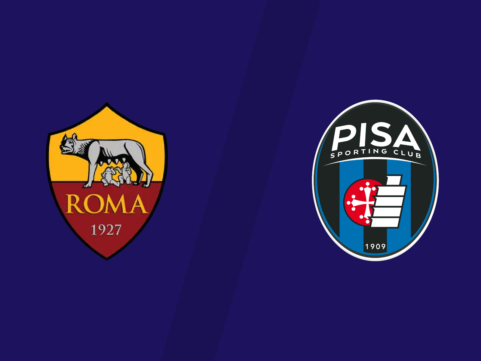 Comparativa de escudos oficiales de la AS Roma y Pisa Sporting Club sobre fondo azul marino dividido para previa de fútbol italiano.