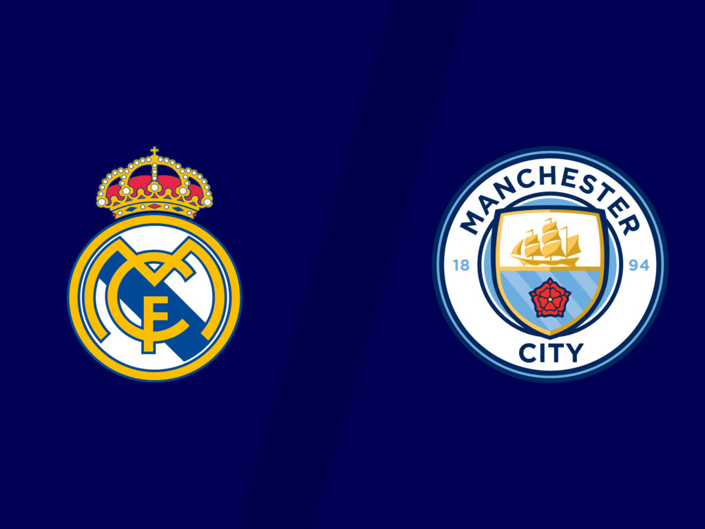 real-madrid-vs-manchester-city-previa-champions-league Escudos oficiales del Real Madrid y Manchester City frente a frente sobre un fondo azul oscuro para previa de Champions League.