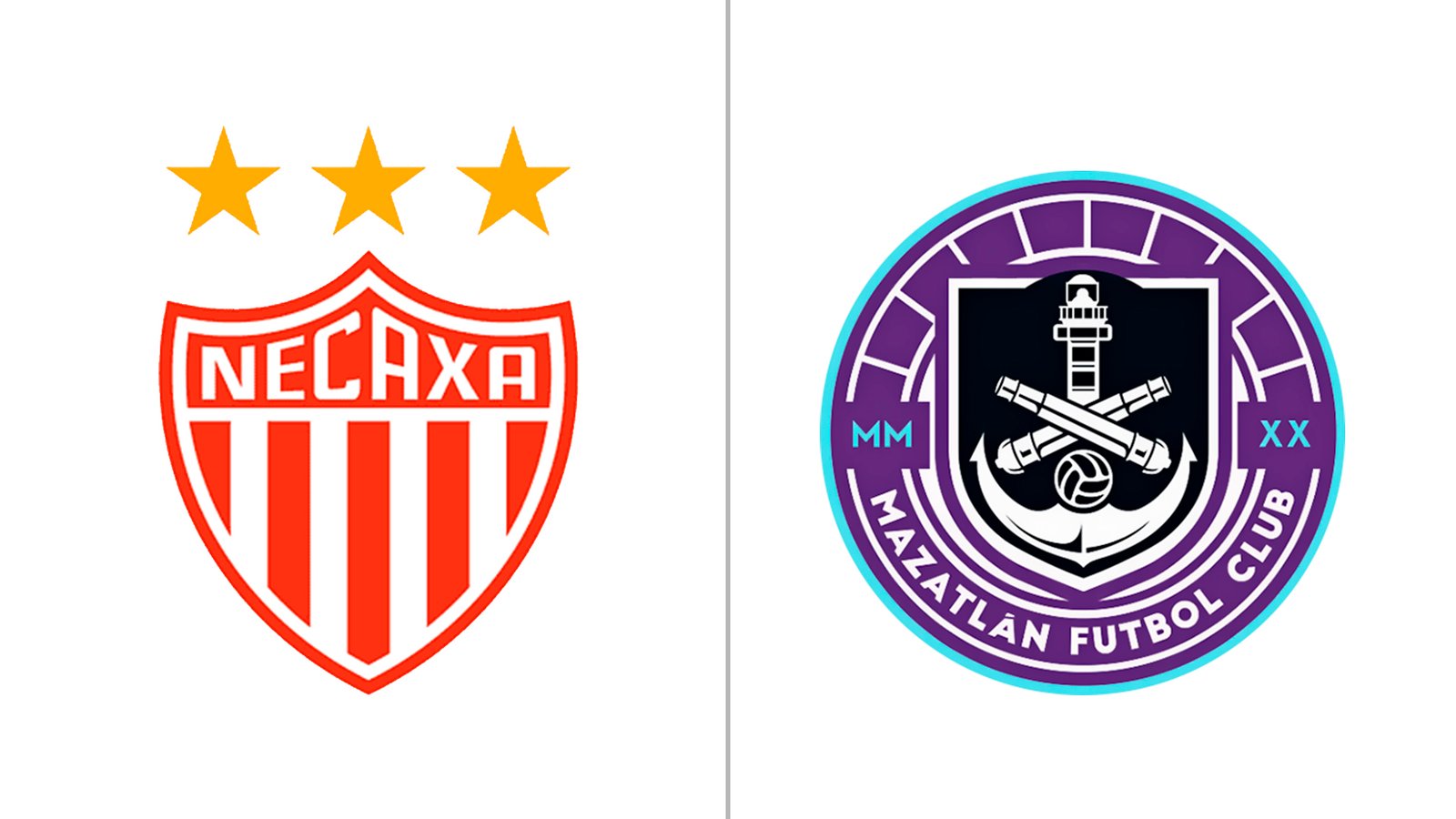 Escudos oficiales del Club Necaxa y Mazatlán FC sobre fondo blanco dividido para previa de la Liga MX.
