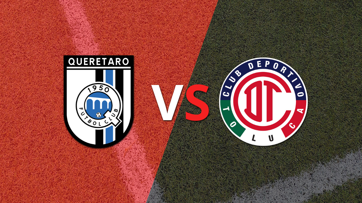 Escudos oficiales de Querétaro FC y Toluca FC sobre fondo de césped dividido para previa de la Liga MX.