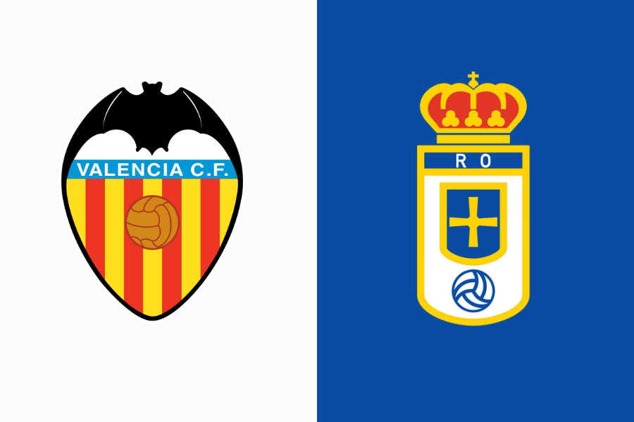 LALIGA Comparativa de escudos oficiales del Valencia CF y Real Oviedo para previa de partido.