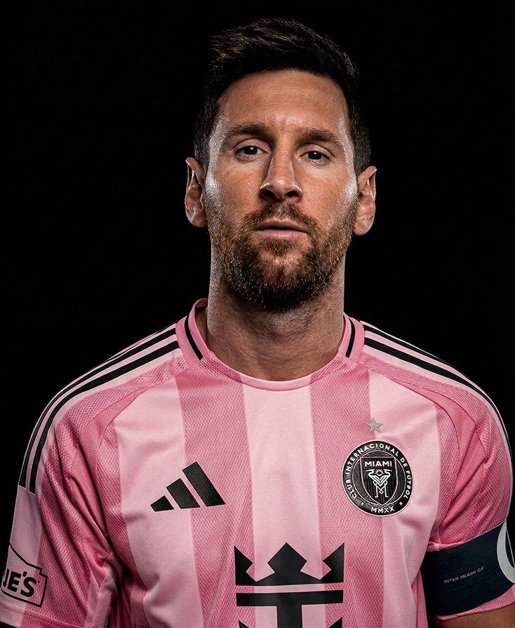 INICIO Retrato de Lionel Messi posando con la camiseta rosa oficial del Inter Miami CF y el brazalete de capitán sobre un fondo negro sólido.