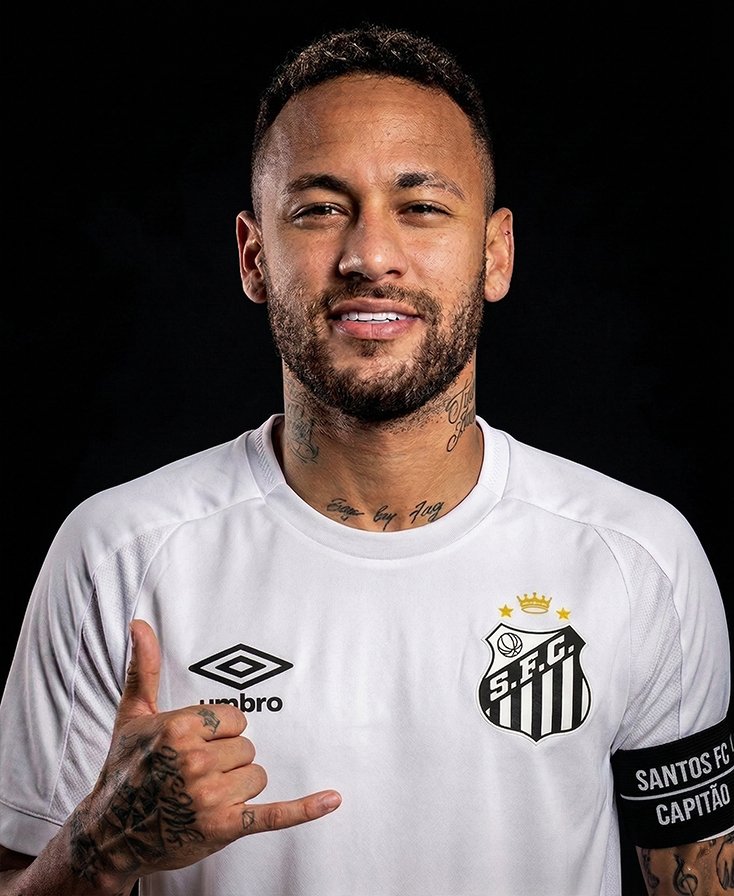 INICIO Retrato de Neymar Jr. sonriendo con la camiseta blanca oficial del Santos FC y el brazalete de capitán sobre un fondo negro sólido.