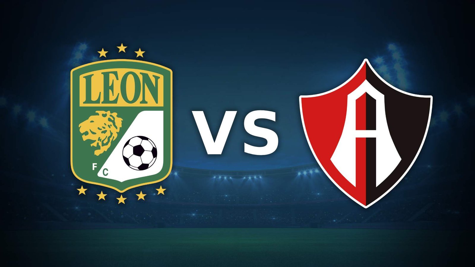 Escudos oficiales del Club León y Atlas FC sobre fondo de estadio nocturno para previa de la Liga MX.