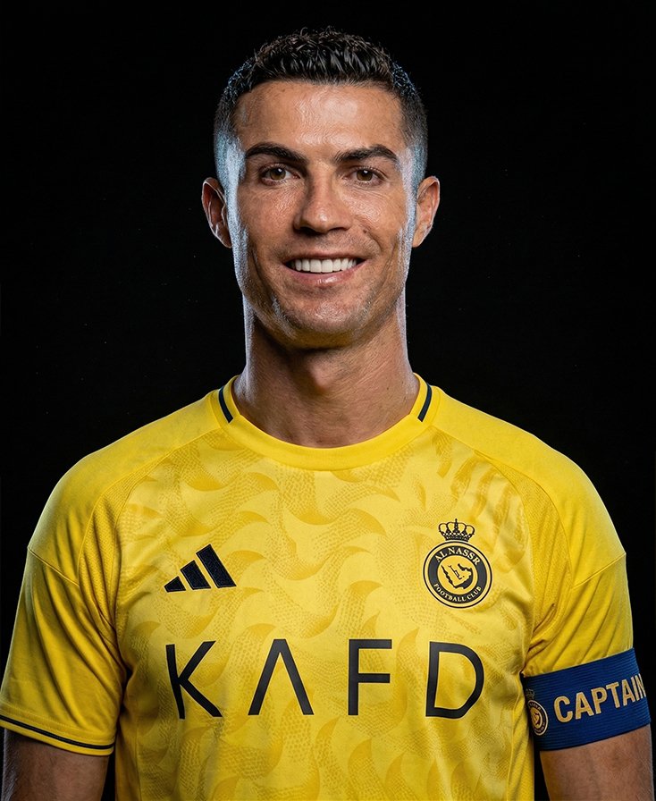 INICIO Retrato de Cristiano Ronaldo posando con la camiseta amarilla oficial del Al Nassr FC y el brazalete de capitán sobre un fondo negro sólido.