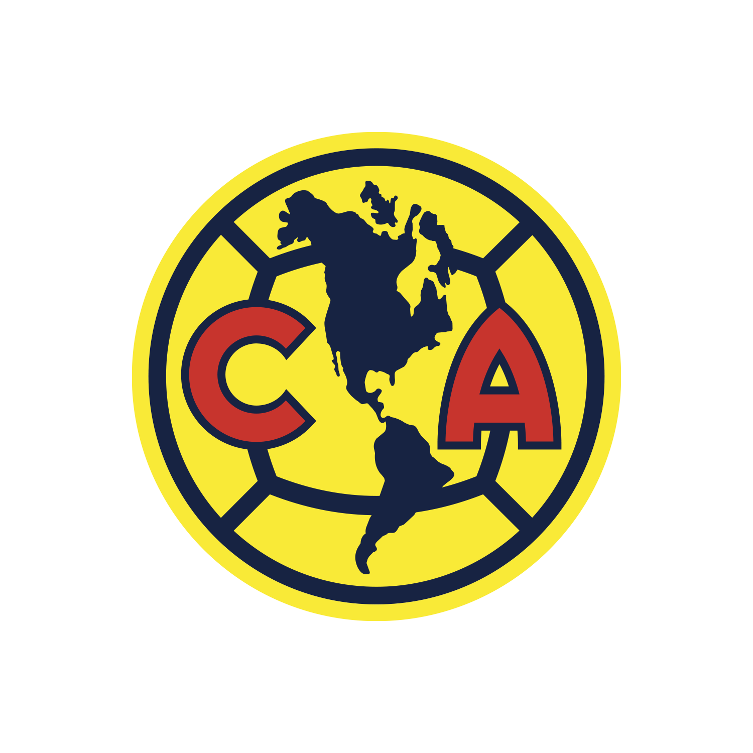 Escudo oficial del Club América con el mapa del continente americano en azul y las siglas "CA" en rojo sobre fondo amarillo.