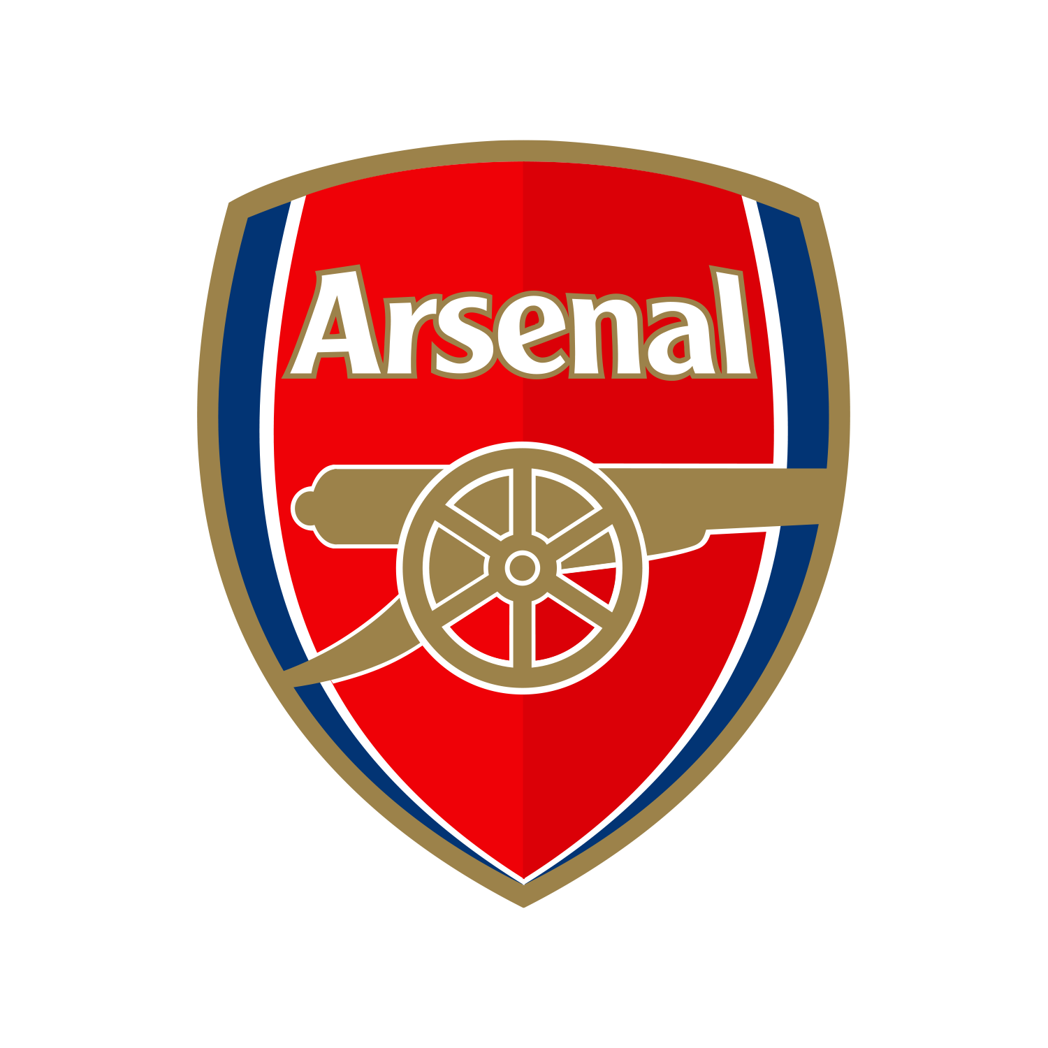Escudo oficial del Arsenal Football Club con el cañón dorado apuntando a la derecha y el nombre "Arsenal" en blanco sobre fondo rojo.
