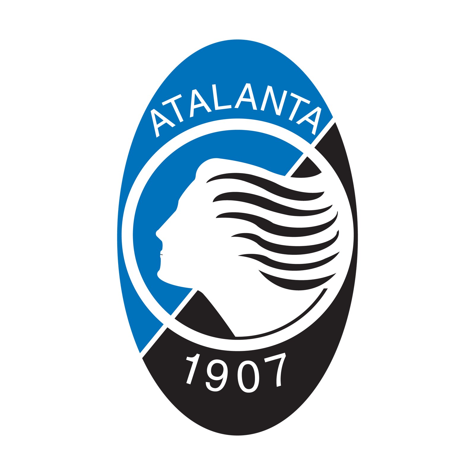 Escudo oficial de la Atalanta BC con el perfil de la heroína mitológica Atalanta sobre fondo ovalado azul y negro.