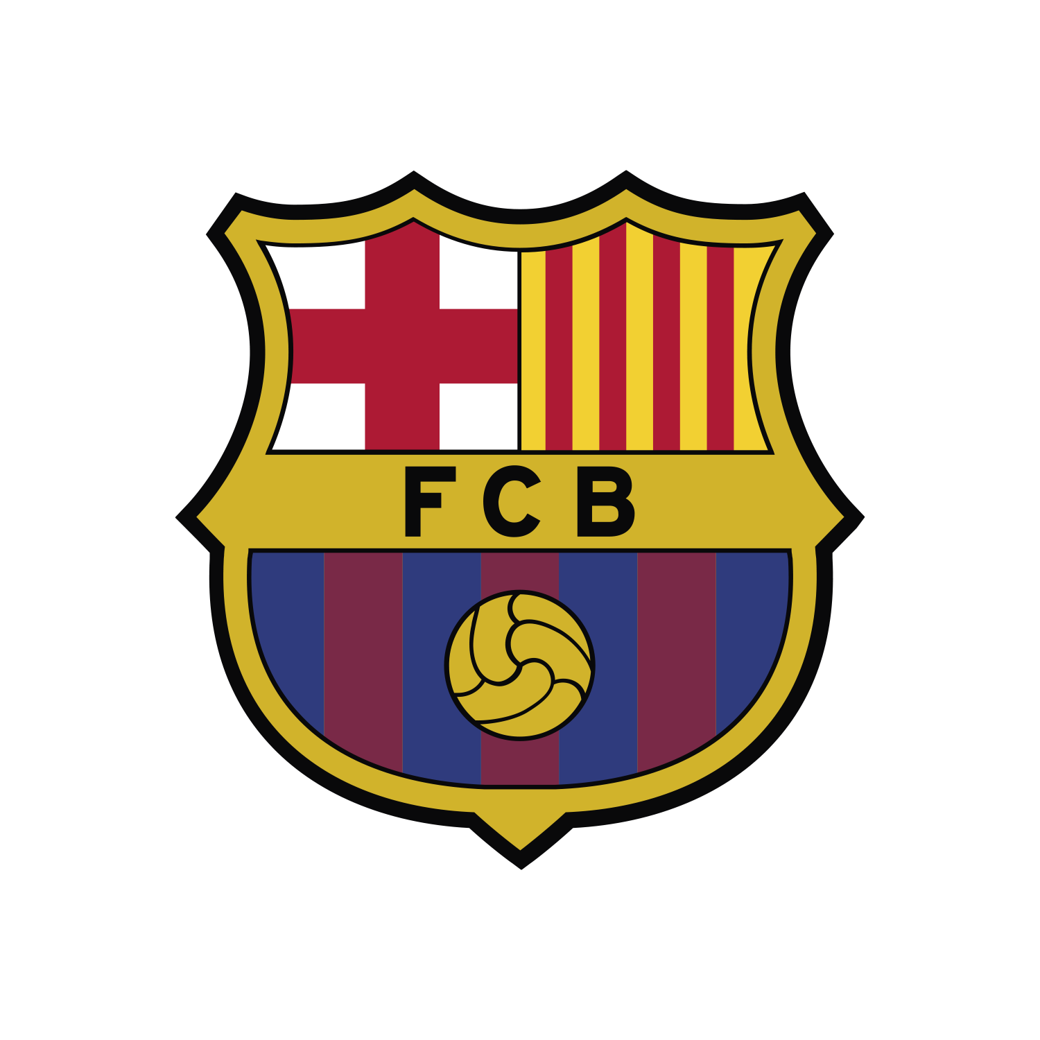 escudo-fc-barcelona-oficial-hd-laliga Escudo oficial del FC Barcelona con la Cruz de San Jorge, la bandera de Cataluña (senyera), los colores azulgranas y el balón dorado.