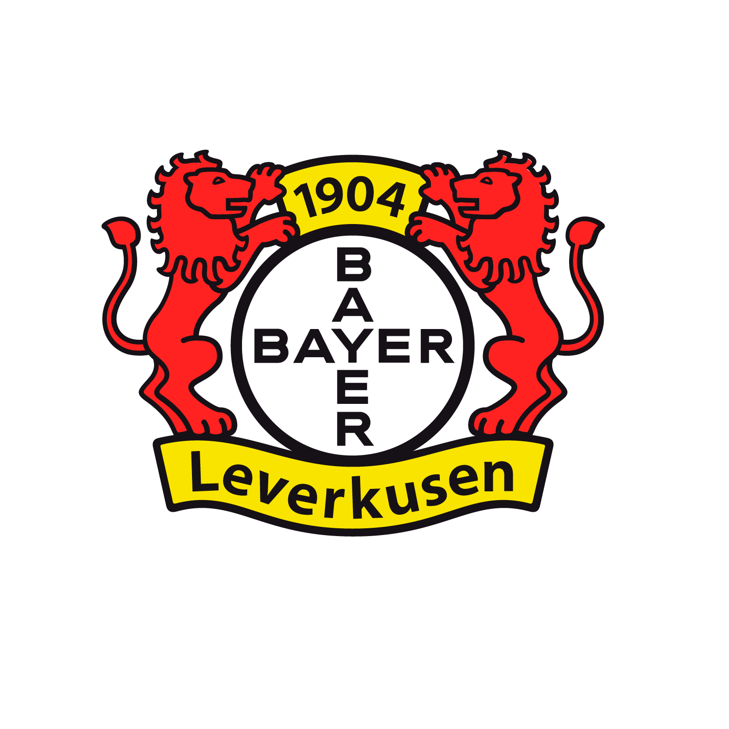 Escudo oficial del Bayer 04 Leverkusen con los dos leones rojos, la cruz de Bayer y el año de fundación 1904.