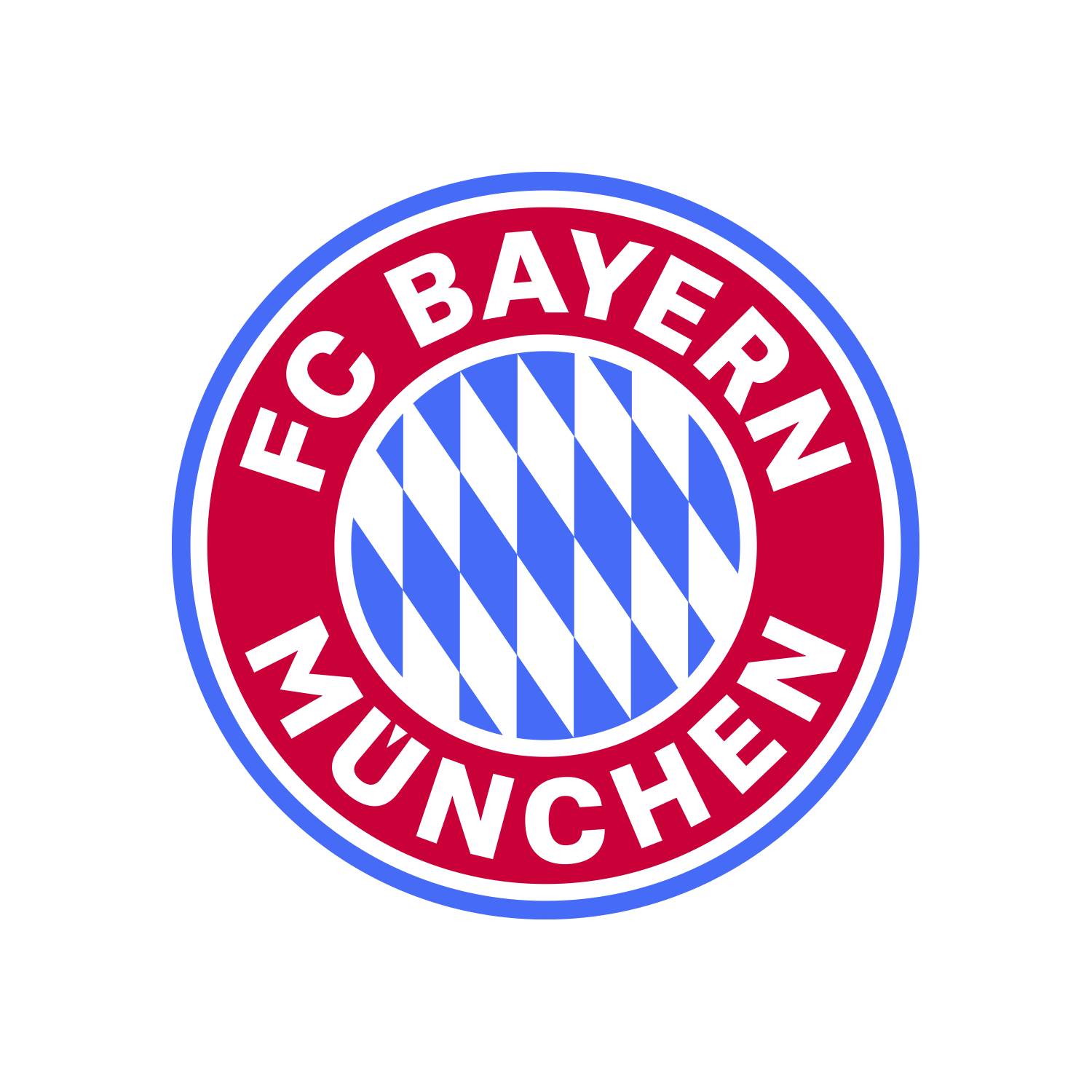 Escudo oficial del FC Bayern München con el patrón de diamantes azules y blancos de la bandera de Baviera y el anillo rojo.