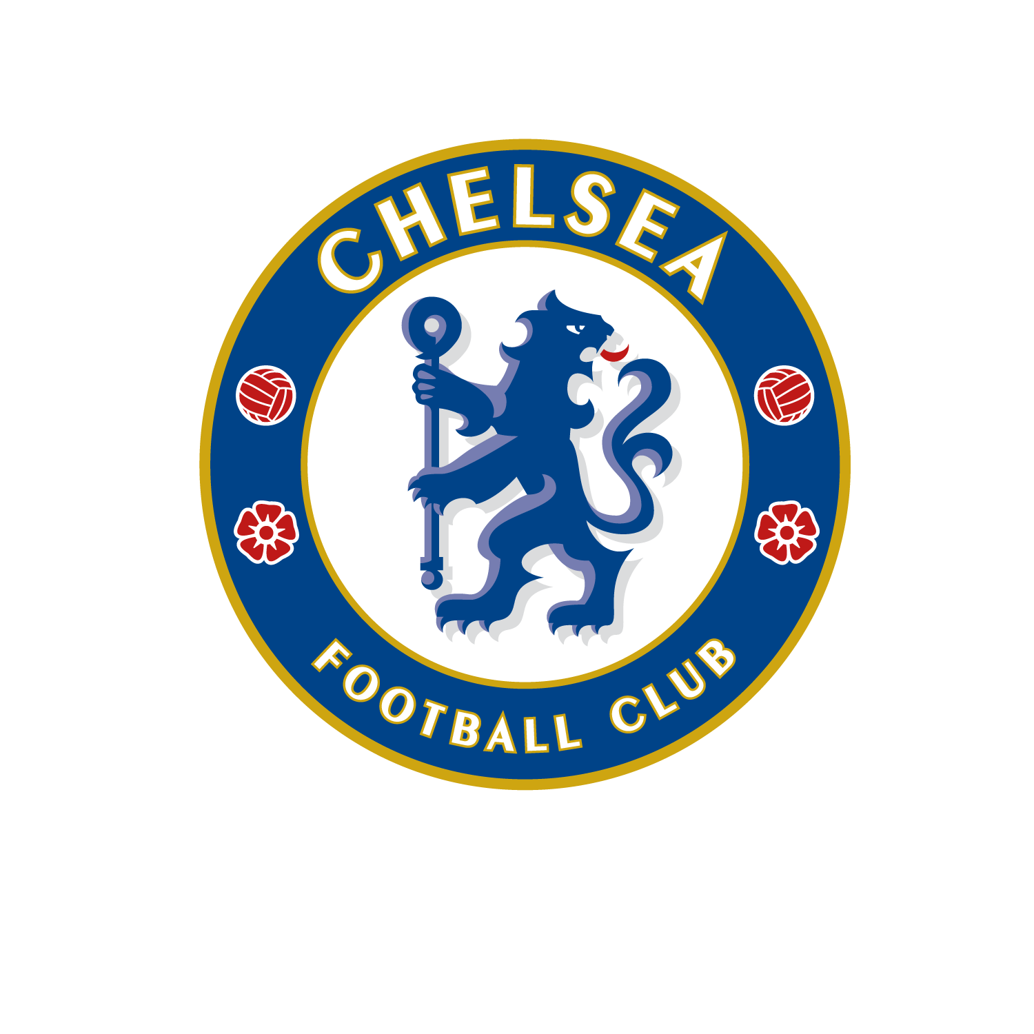 Escudo oficial del Chelsea Football Club con el león azul rampante sosteniendo un báculo y los balones rojos laterales.