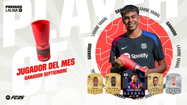 lamine-yamal-jugador-del-mes-laliga-septiembre-potm Lamine Yamal del FC Barcelona, ganador del Jugador del Mes (POTM) de LALIGA en septiembre, junto a los nominados Mbappé, Iñaki Williams, Lo Celso y Carlos Vicente.