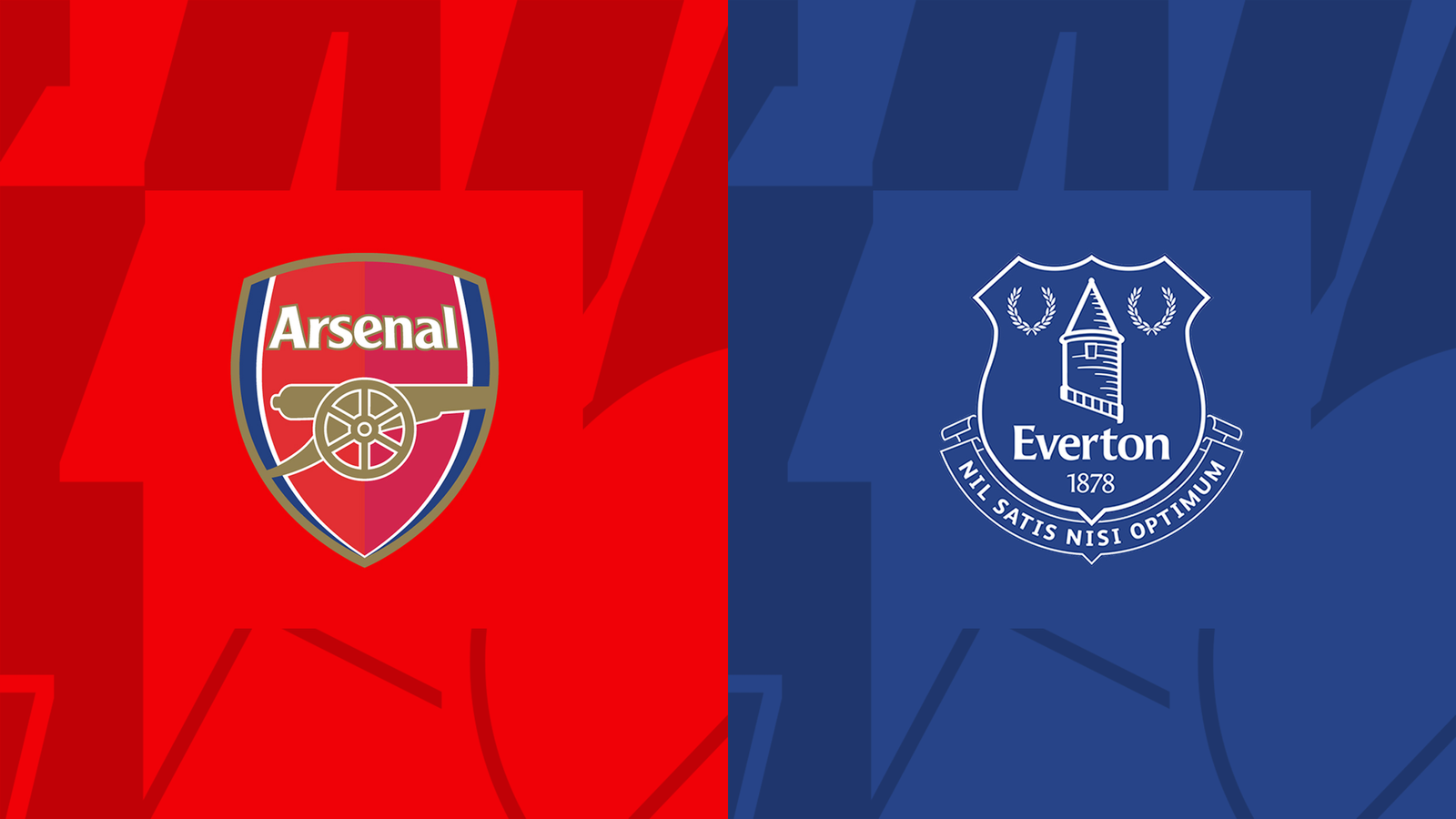 Gráfico de previa Premier League: Arsenal vs Everton con escudos oficiales sobre fondos rojo y azul.