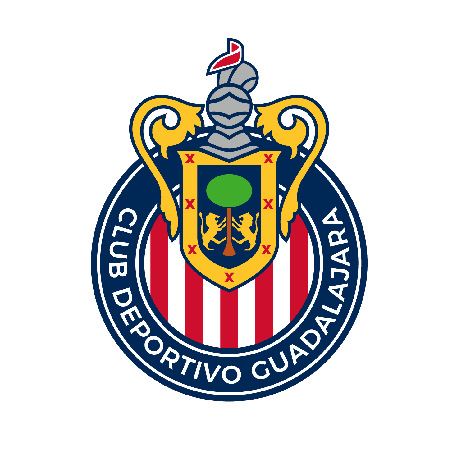 Escudo oficial del Club Deportivo Guadalajara con las franjas rojiblancas, el casco de caballero y el escudo de armas de la ciudad.