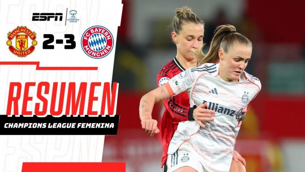 resumen-manchester-united-vs-bayern-munich-champions-league-femenina-2-3 Miniatura de resumen del partido Manchester United vs Bayern Múnich en la Champions League Femenina con marcador 2-3 y Georgia Stanway en acción.