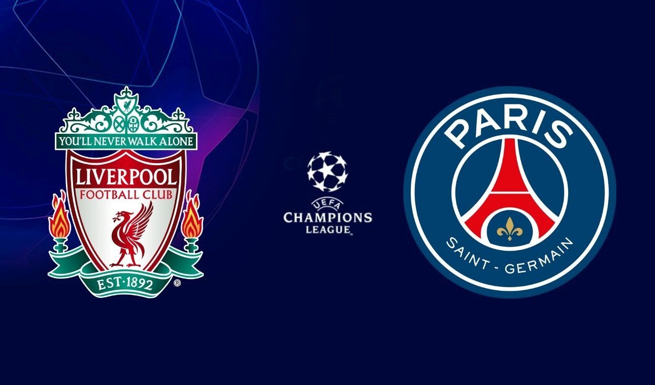 Liga MX Escudos oficiales del Liverpool FC y PSG con el logo de la UEFA Champions League sobre fondo azul marino con diseño de estrellas.