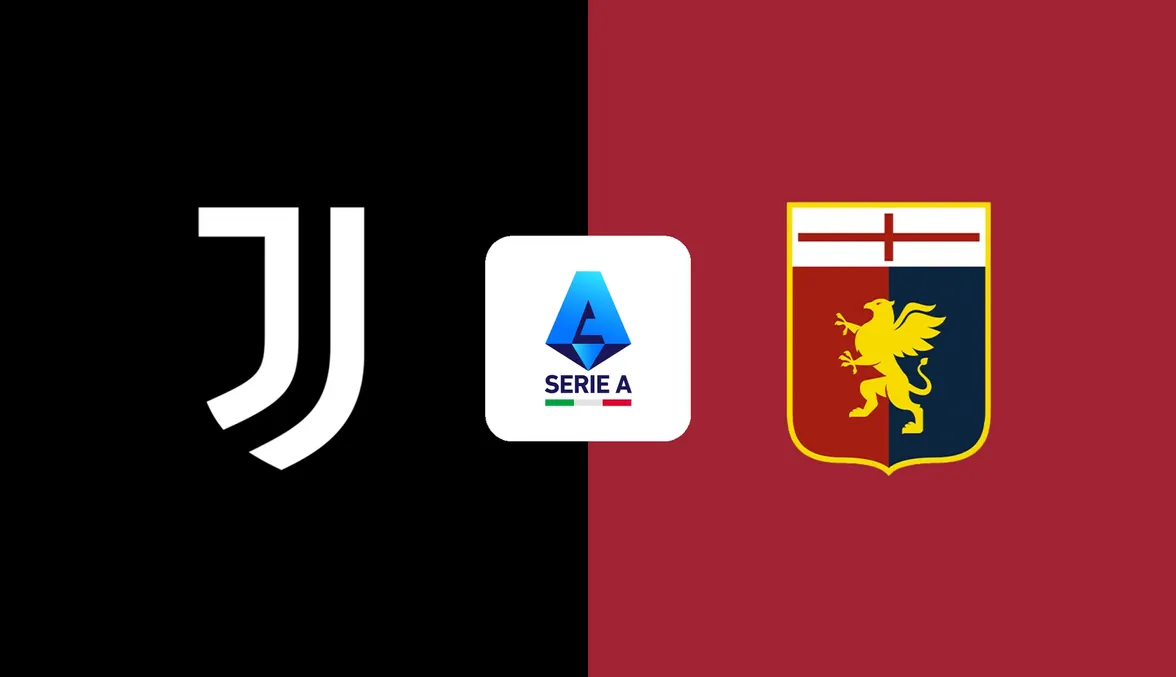 Comparativa de escudos oficiales de la Juventus de Turín y Genoa CFC con el logotipo central de la Serie A sobre fondo negro y granate.