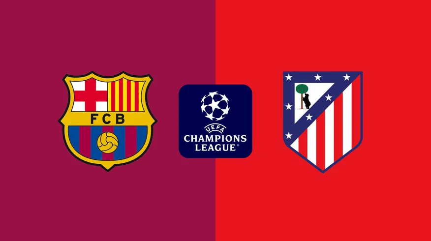 Liga MX Escudos oficiales del FC Barcelona y Atlético de Madrid con el logo de la UEFA Champions League sobre fondo dividido grana y rojo.