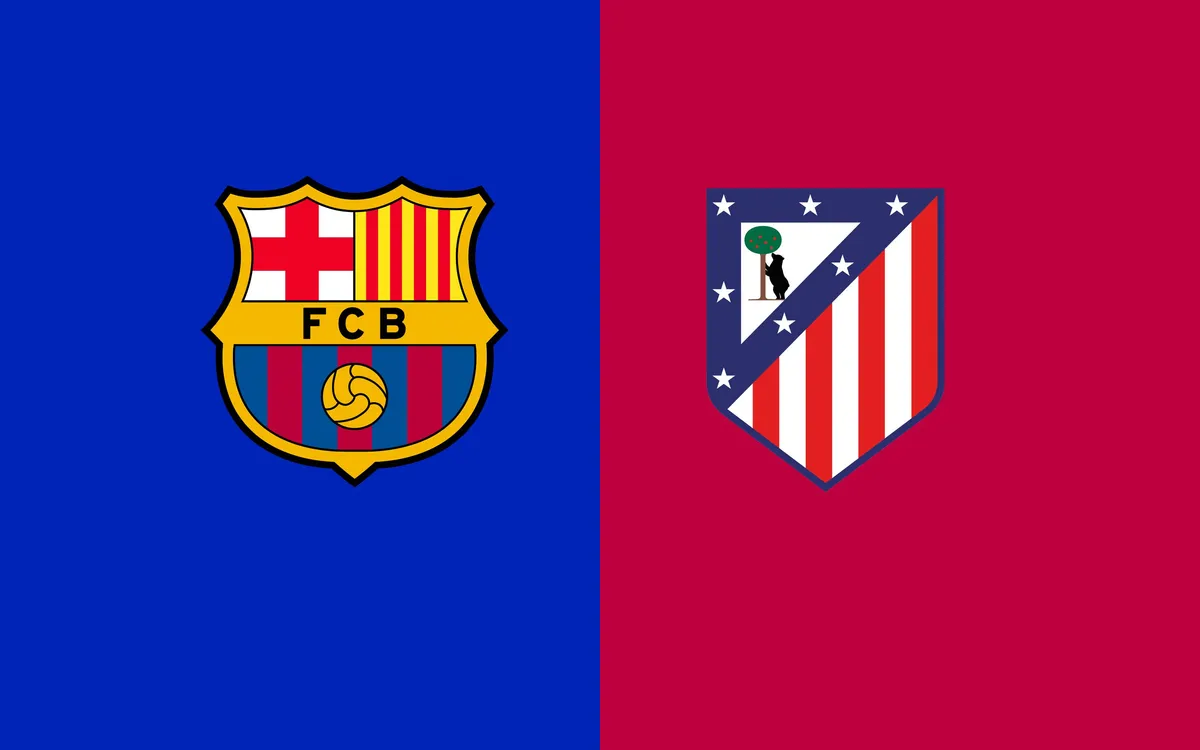 INICIO Escudos oficiales del FC Barcelona y Atlético de Madrid sobre fondo dividido azul y grana para previa de LaLiga.