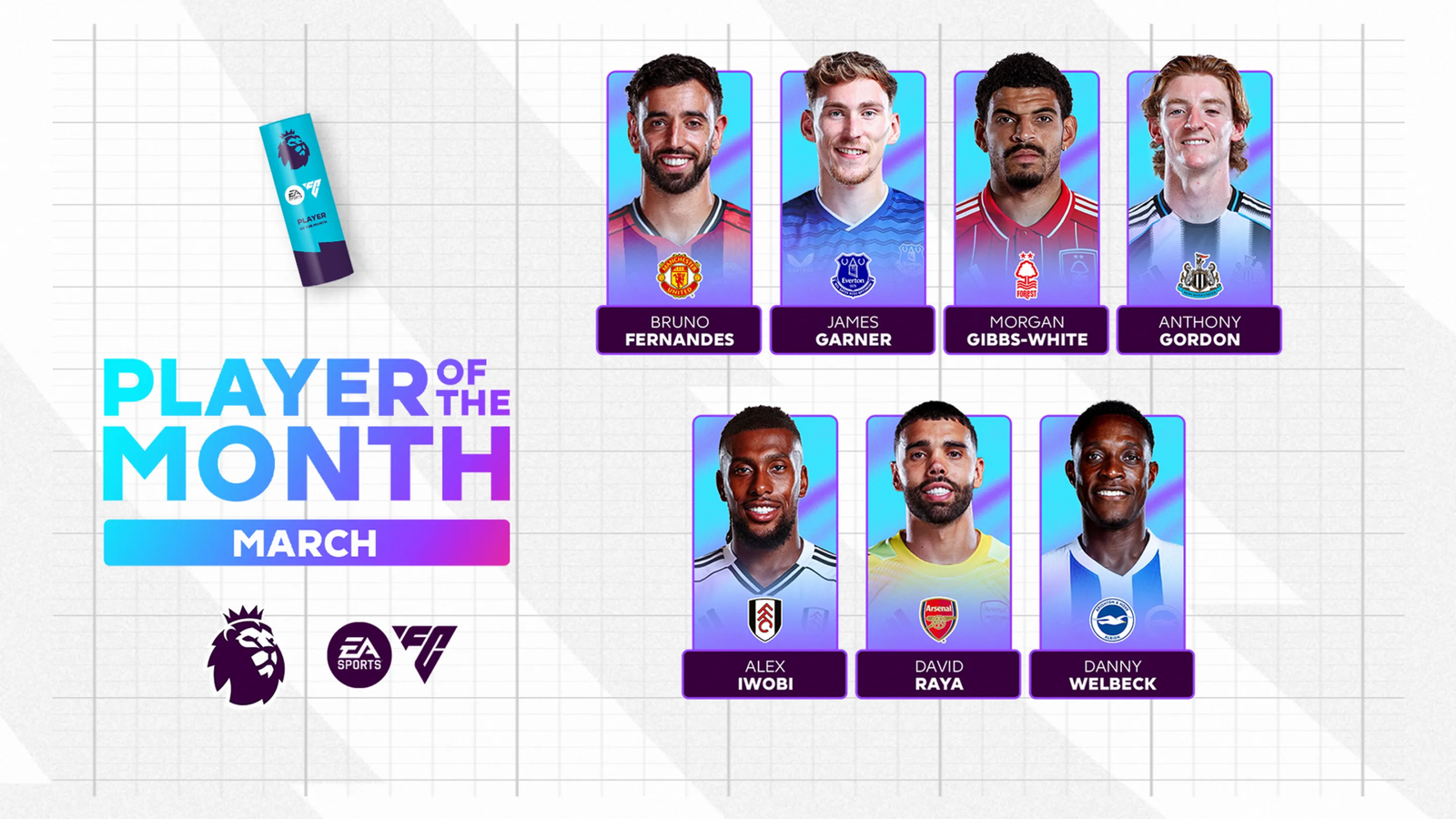 Nominados al Player of the Month (POTM) de marzo en la Premier League: Bruno Fernandes, James Garner, Morgan Gibbs-White, Anthony Gordon, Alex Iwobi, David Raya y Danny Welbeck.