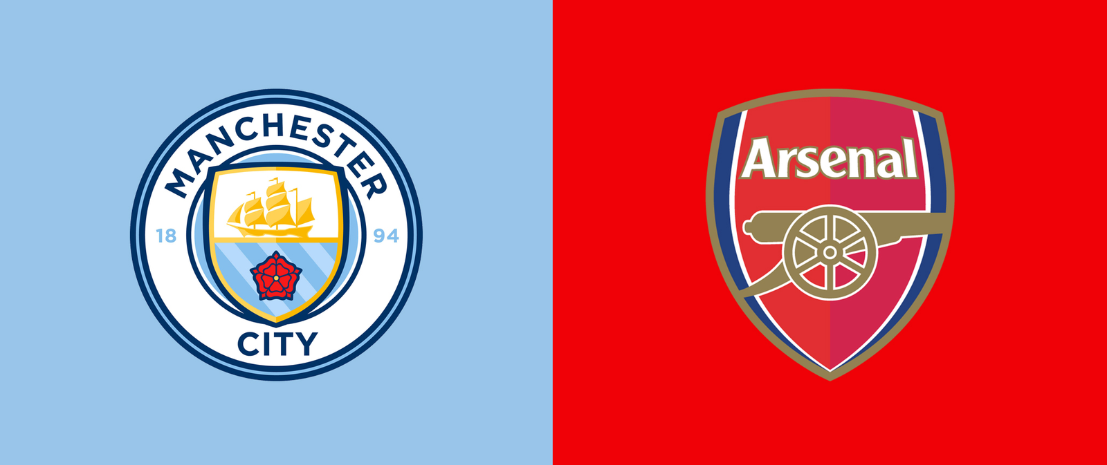 Gráfico comparativo de los escudos oficiales de Manchester City y Arsenal FC para previa de la Premier League.