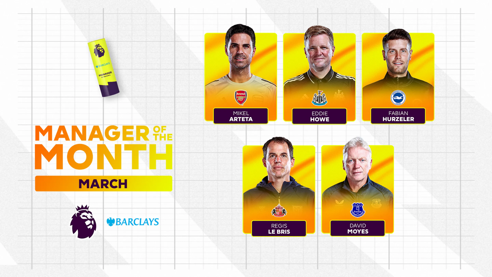 Nominados al Manager of the Month de marzo en la Premier League: Mikel Arteta, Eddie Howe, Fabian Hürzeler, Régis Le Bris y David Moyes.