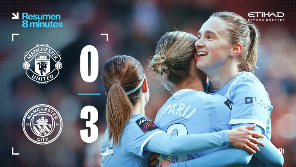 manchester-united-vs-manchester-city-wsl-resumen-0-3 Jugadoras del Manchester City celebrando un gol frente al Manchester United en la WSL, con marcador de 0-3 y texto de resumen de 8 minutos.