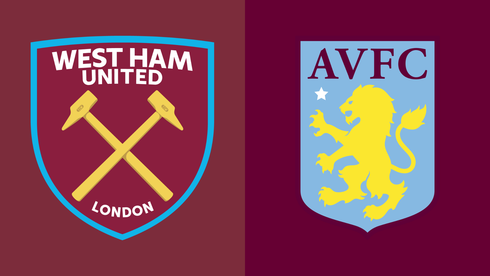Comparativa de escudos oficiales del West Ham United y Aston Villa para previa de Premier League.