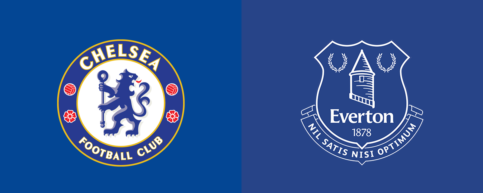 Comparativa de escudos oficiales del Chelsea FC y Everton FC para previa de partido de Premier League.