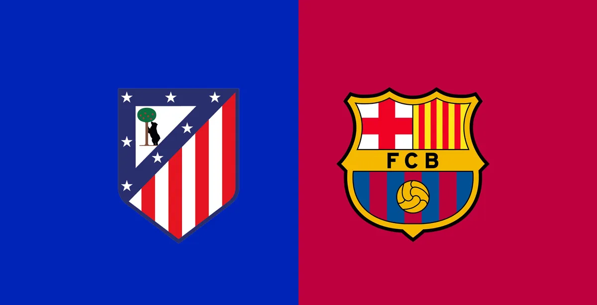 LALIGA Escudos oficiales del FC Barcelona y Atlético de Madrid sobre fondo dividido azul y grana para previa de LaLiga.