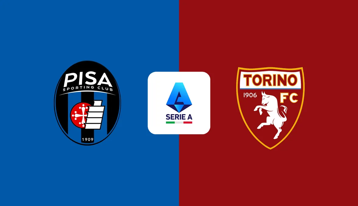 Comparativa de escudos oficiales del Pisa Sporting Club y Torino FC con el logotipo central de la Serie A sobre fondo azul y granate.
