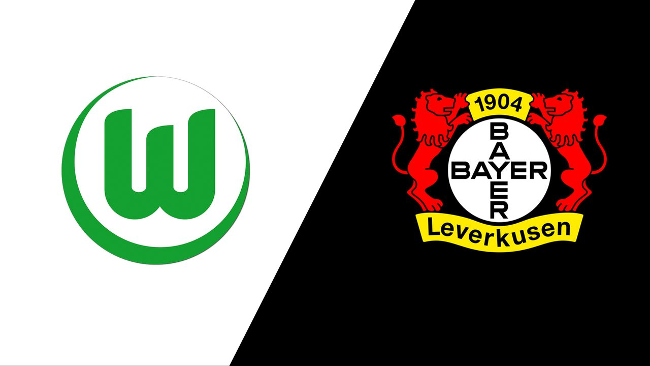 Comparativa de escudos oficiales del VfL Wolfsburg y Bayer 04 Leverkusen para previa de partido de la Bundesliga.