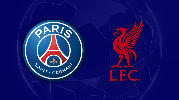 INICIO Escudos oficiales del PSG y Liverpool FC sobre fondo azul con diseño de la UEFA Champions League para previa deportiva.