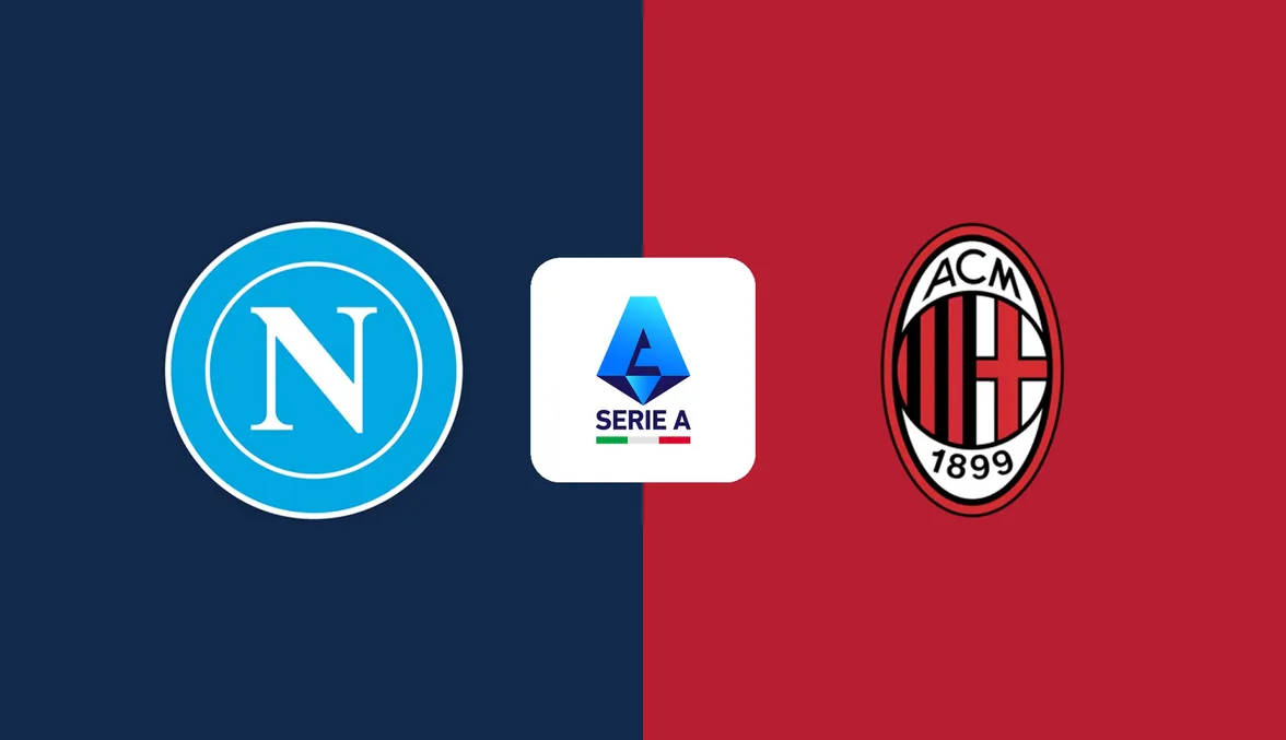Comparativa de escudos oficiales del SSC Napoli y AC Milan con el logotipo central de la Serie A sobre fondo azul marino y rojo.
