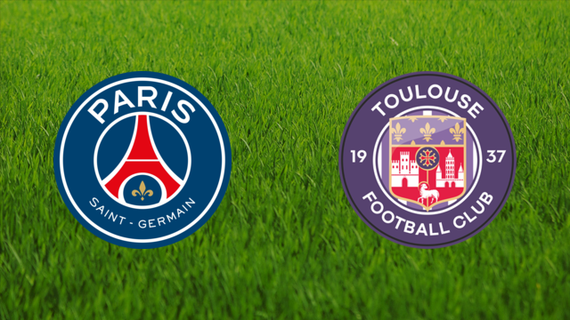 Comparativa de escudos oficiales del Paris Saint-Germain (PSG) y Toulouse FC sobre fondo de césped para previa de la Ligue 1.
