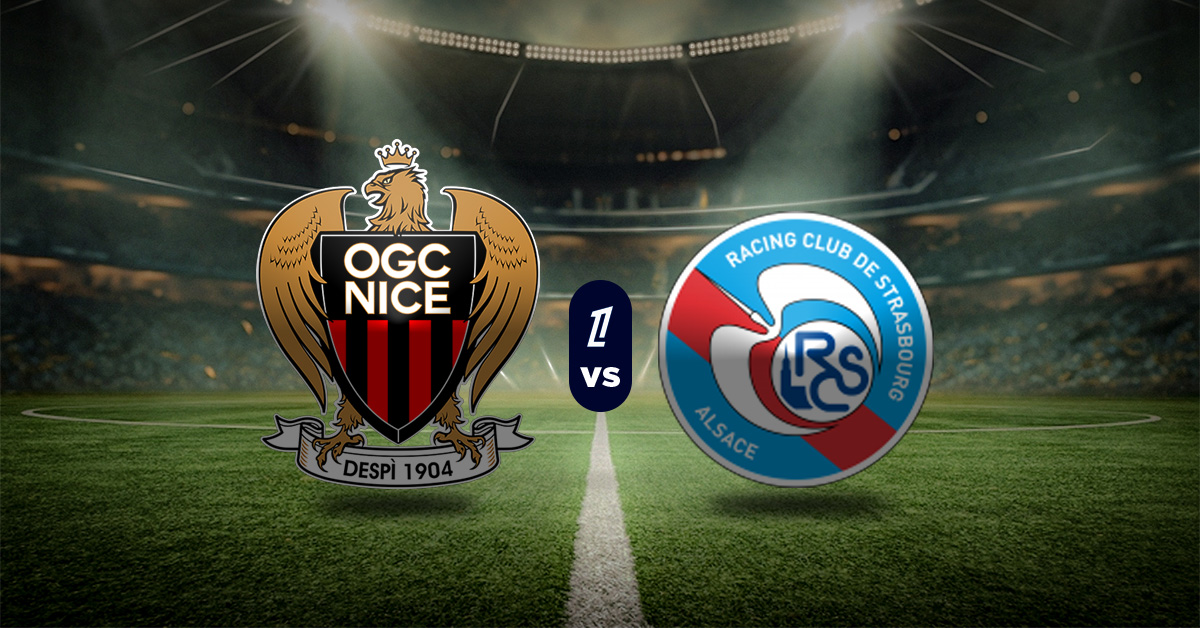Comparativa de escudos oficiales del OGC Nice y RC Strasbourg sobre fondo de estadio de fútbol iluminado para la Ligue 1.