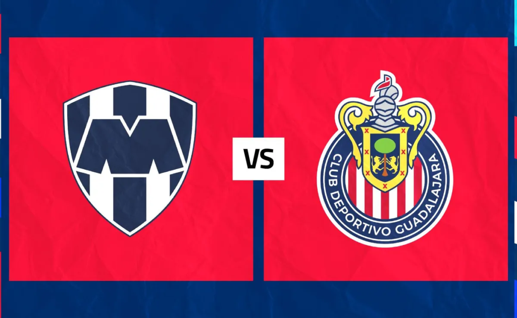 monterrey-vs-chivas-previa-liga-mx Escudos oficiales de Rayados de Monterrey y Chivas de Guadalajara sobre fondo rojo con textura para previa de la Liga MX.