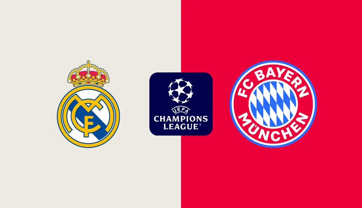 Liga MX Escudos oficiales del Real Madrid y FC Bayern Múnich con el logo de la UEFA Champions League sobre fondo dividido blanco y rojo.