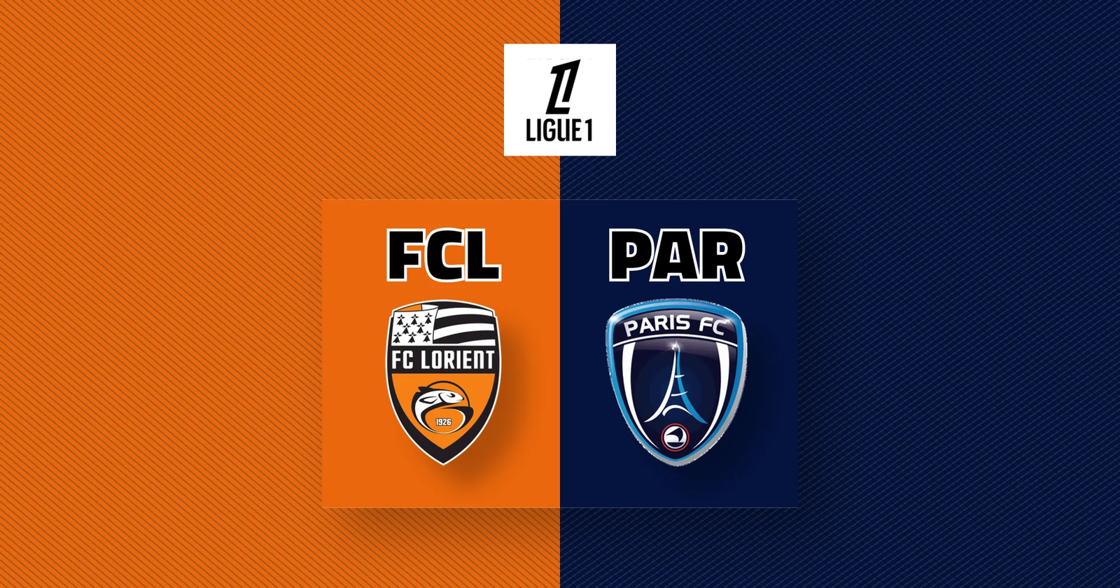 Comparativa de escudos oficiales del FC Lorient y Paris FC con el parche de la Ligue 1 para previa de partido.