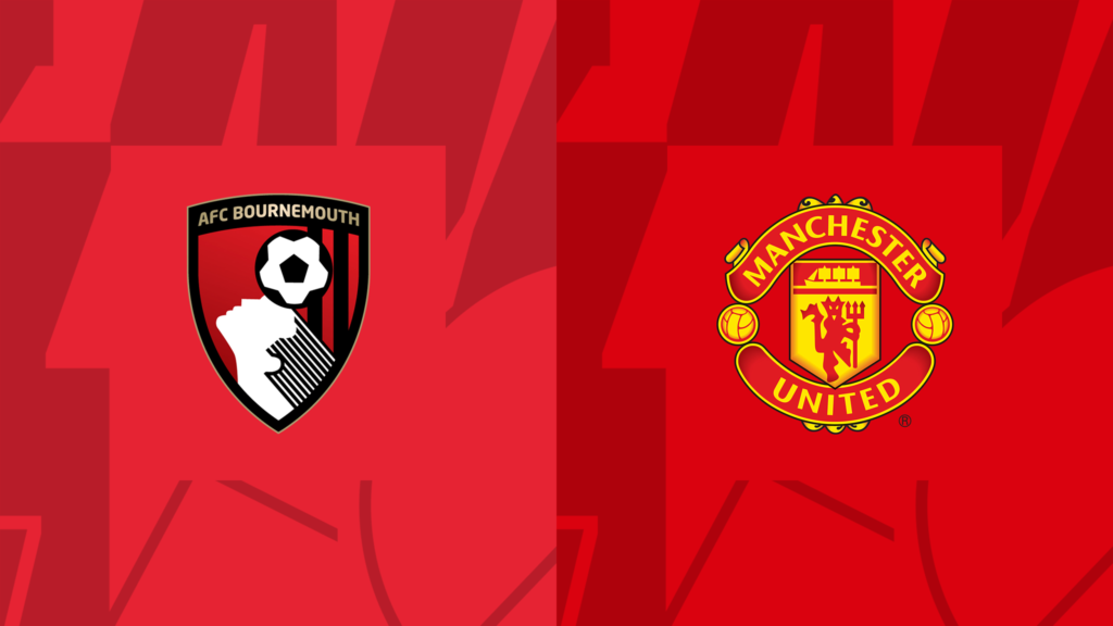 bournemouth-vs-manchester-united-previa-premier-league Escudos oficiales del AFC Bournemouth y Manchester United sobre fondo rojo con diseño gráfico para previa de la Premier League.