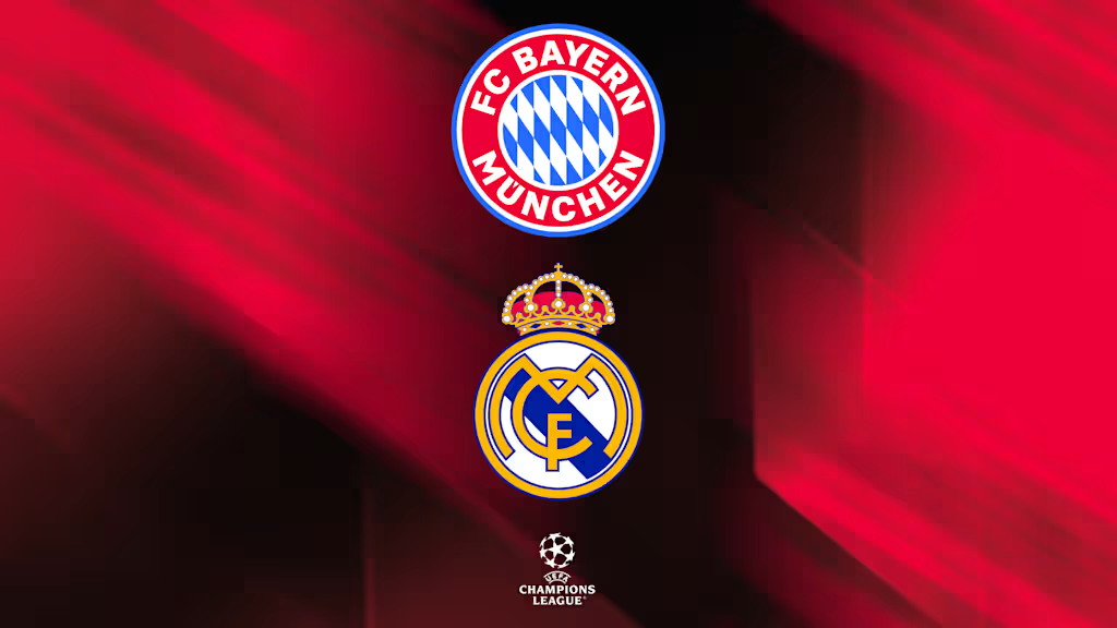 INICIO Escudos oficiales del FC Bayern Múnich y Real Madrid alineados verticalmente con el logo de la UEFA Champions League sobre fondo rojo dinámico.