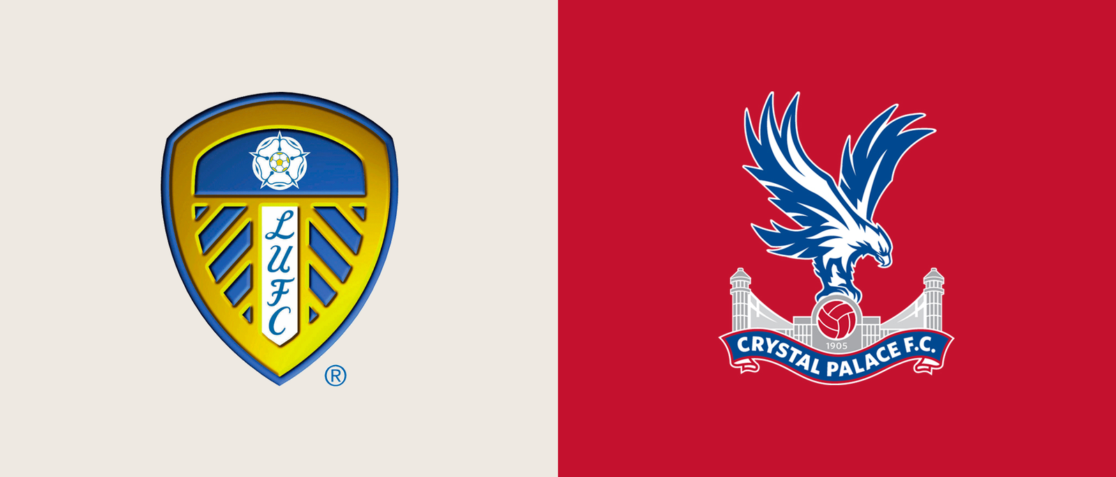 Gráfico de previa de la Premier League: Leeds United vs. Crystal Palace con escudos oficiales en azul y rojo.