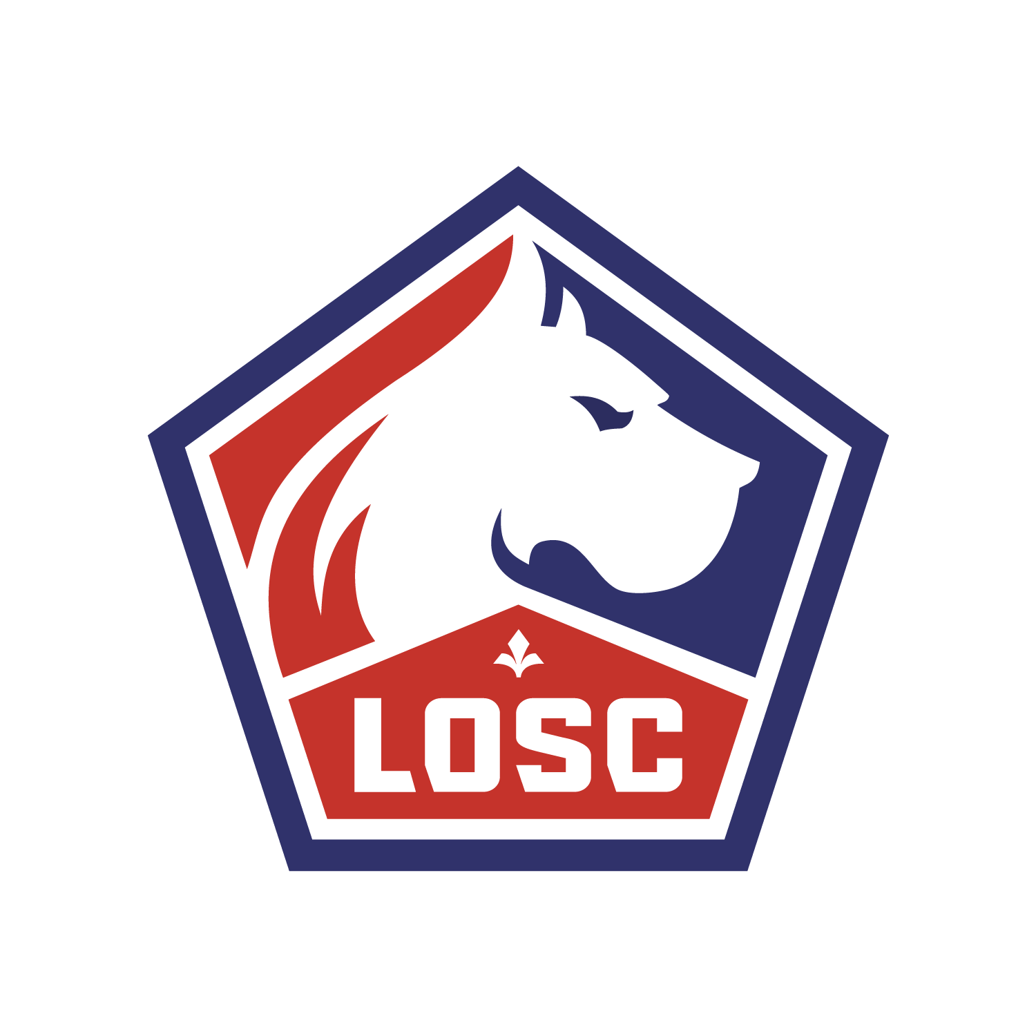 Escudo oficial del Lille OSC (LOSC) con el perro dogo blanco sobre fondo pentagonal azul y rojo.