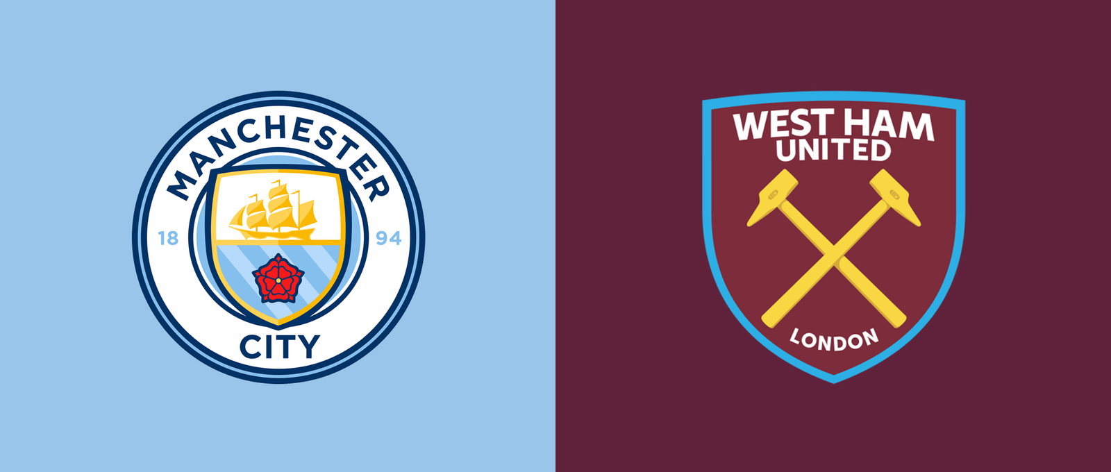 Comparativa de escudos oficiales del Manchester City y West Ham United para previa de partido de Premier League.