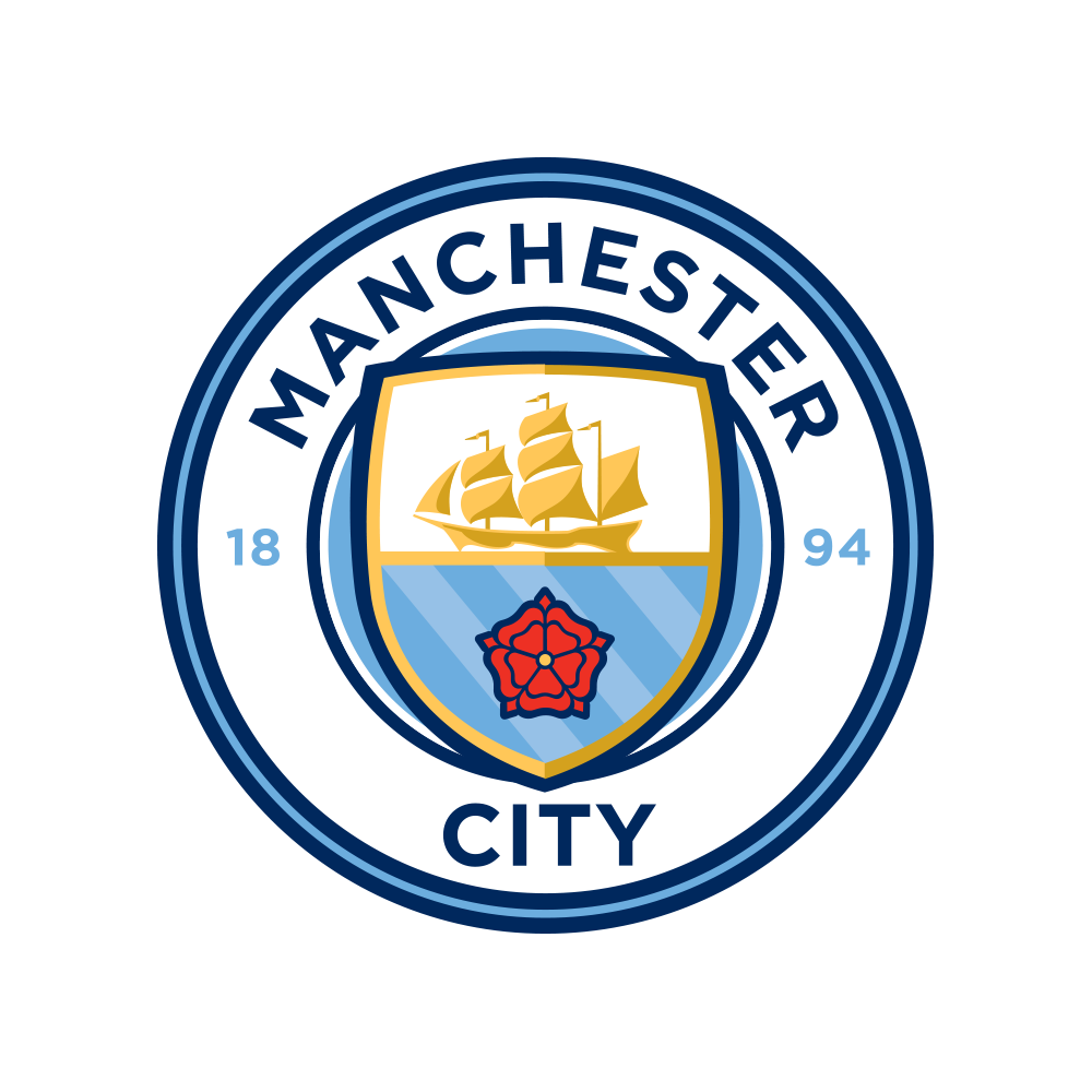 Escudo oficial del Manchester City Football Club con el barco dorado, la rosa roja de Lancashire y los colores azul cielo y blanco.