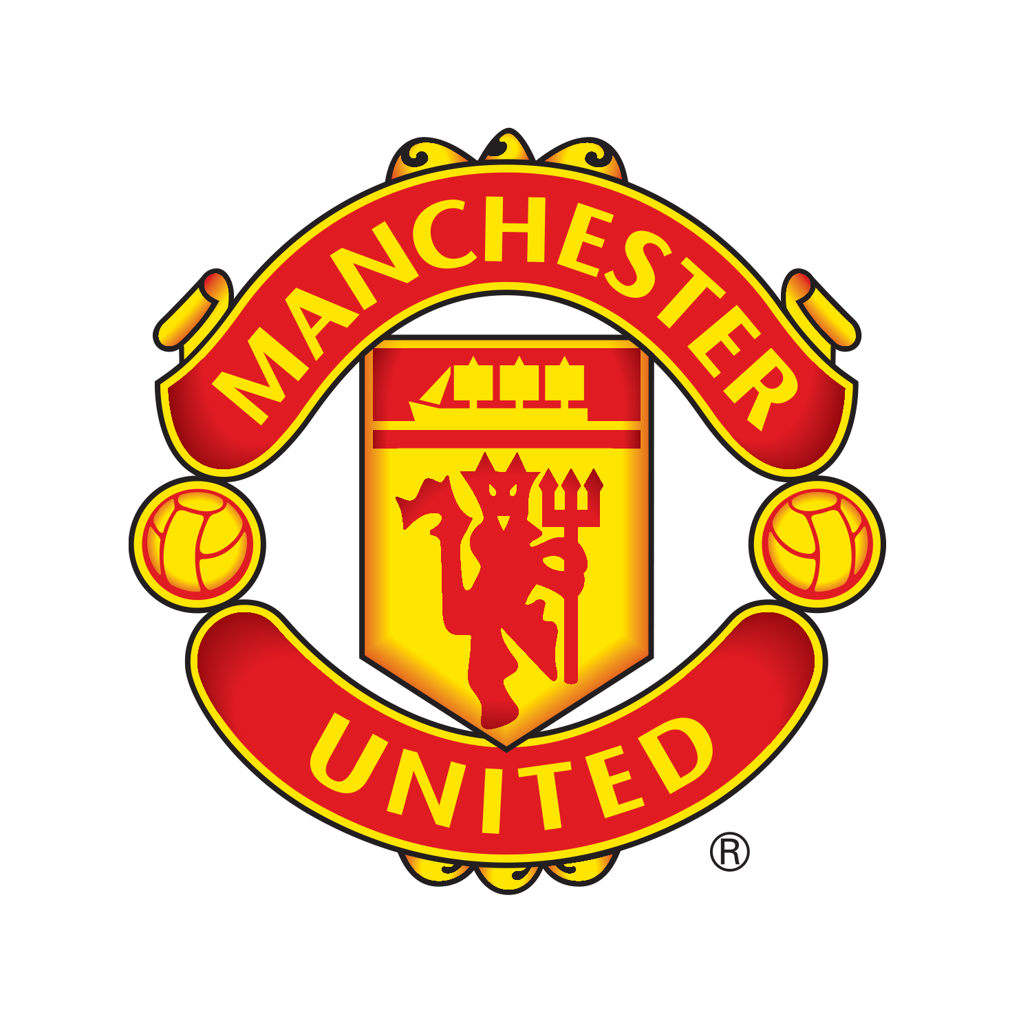 Escudo oficial del Manchester United con el diablo rojo, el barco de Manchester y los colores rojo y amarillo sobre fondo negro.